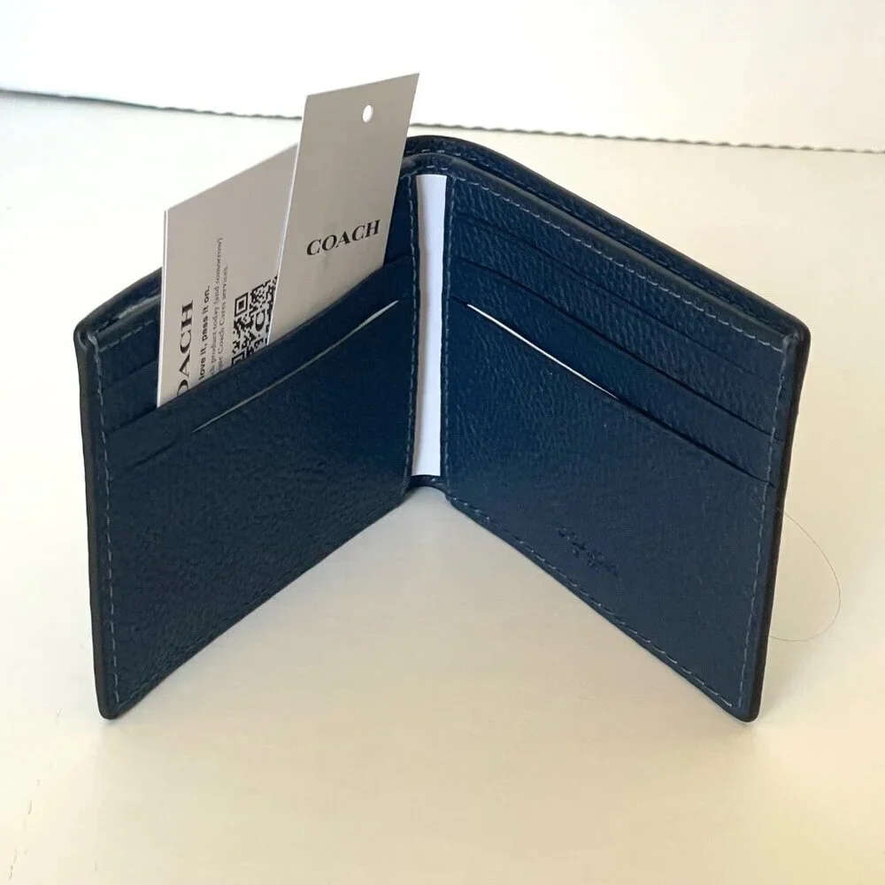 Coach Slim Billfold Wallet Deep Blue Graphic Pebbled Leather Mens CZ062